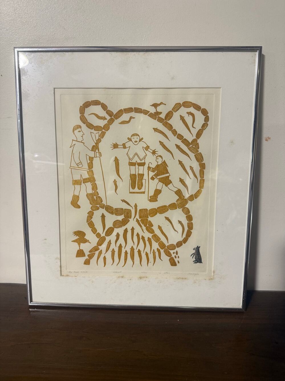Limited Edit. Signed Print "The Fish Weir" by Inuit artist Jamasie Teevee 1971